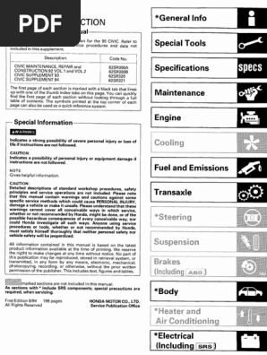 1995 Honda Civic DX Ex Dxi Lsi Vei Esi Si Vti Maintenance Manual
