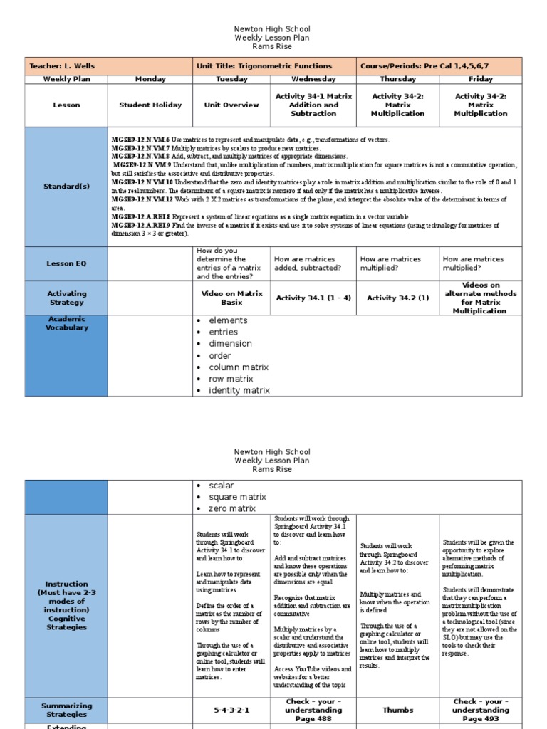 Lesson Plan | PDF | Matrix (Mathematics) | Determinant