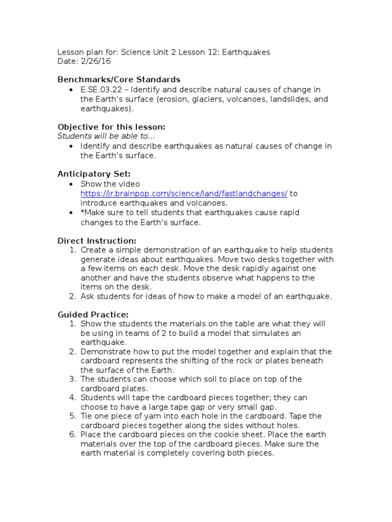 Earthquake Lesson Plan for Students | PDF