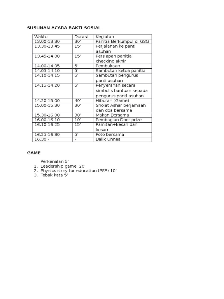 Susunan Acara Bakti Sosial