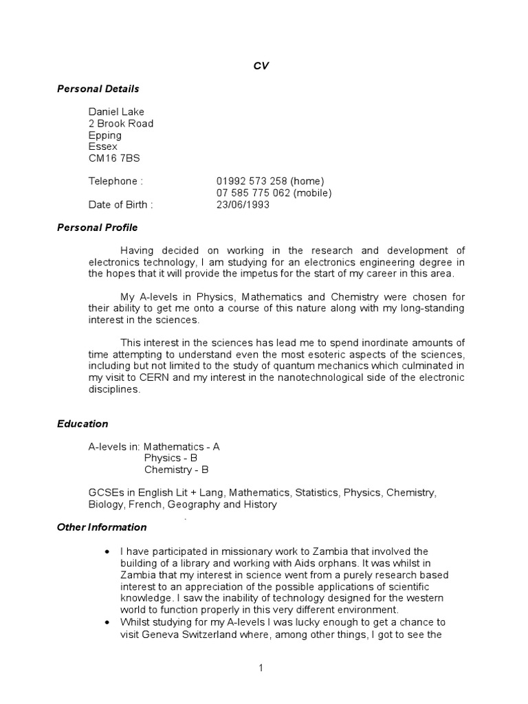 Electronics Engineering CV of Daniel Lake | PDF