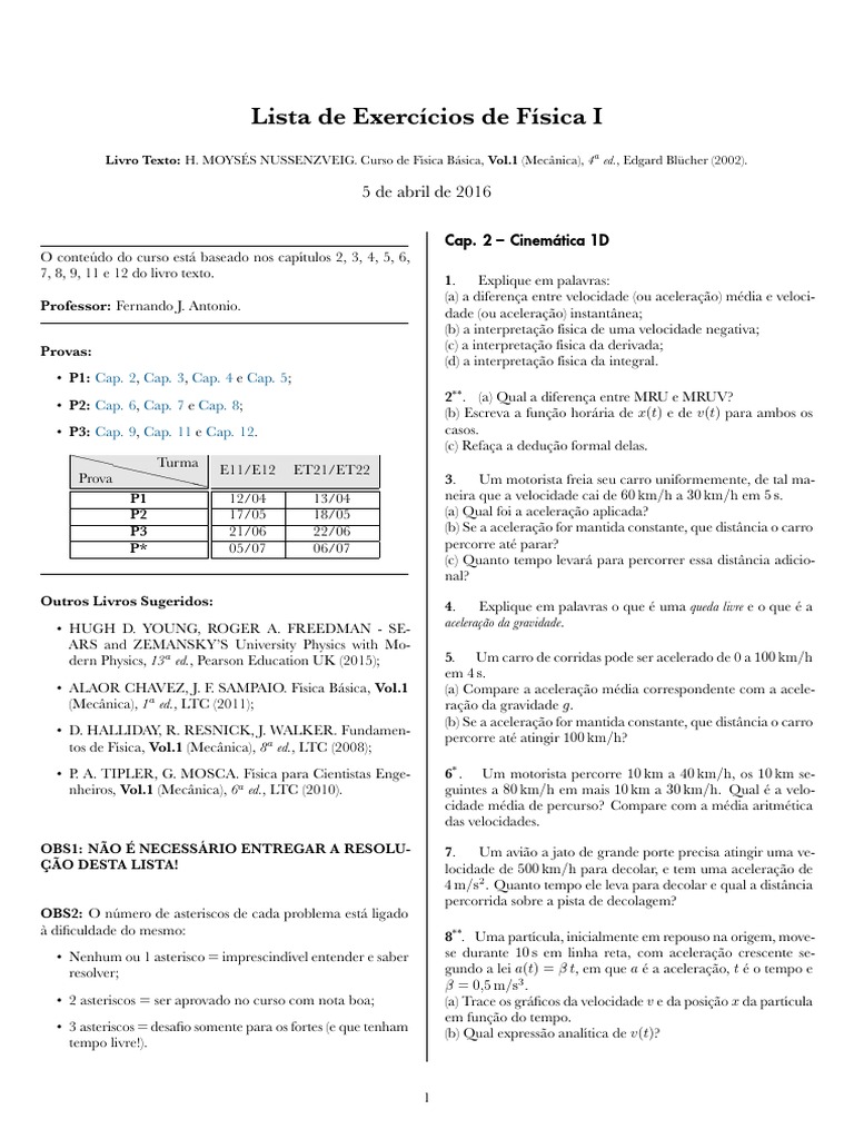 Lista de Exercícios de Física I | PDF | Colisão | Massa