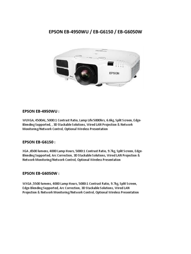 Epson Projector Specifications Overview | PDF