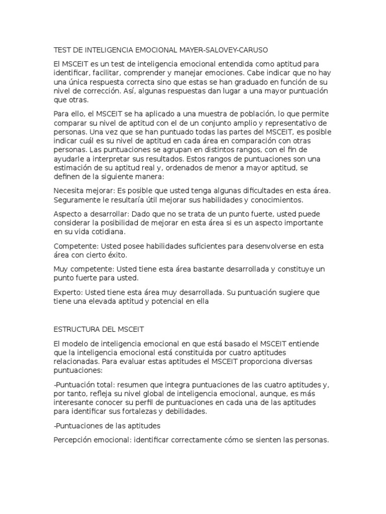 TEST MSCEIT INTELIGENCIA EMOCIONAL | PDF | Inteligencia emocional | Las ...