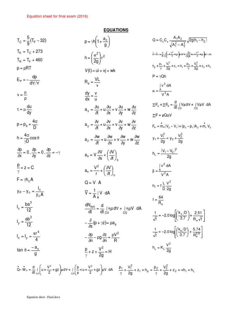 Final Exam Equation Sheet 2016 | PDF