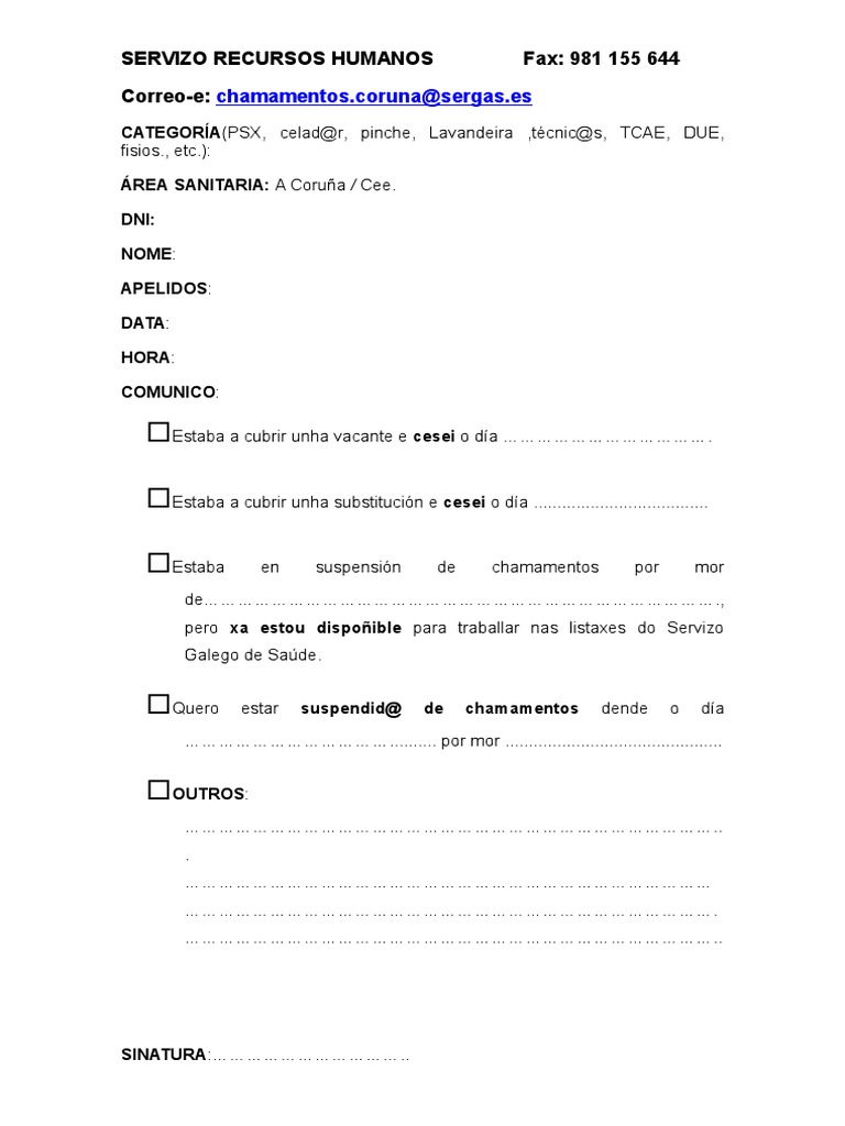Modelo de Solicitude de Altas y Suspensión (Sergas) | PDF