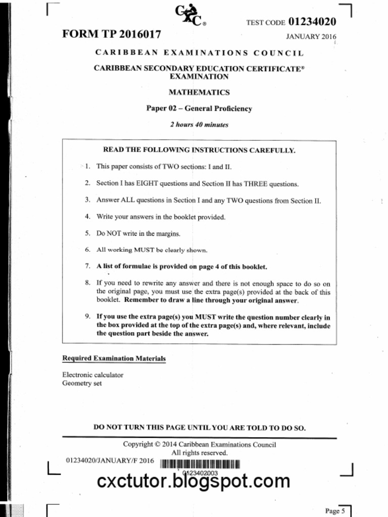 2016 CXC Mathematics Paper 2 Answers | PDF
