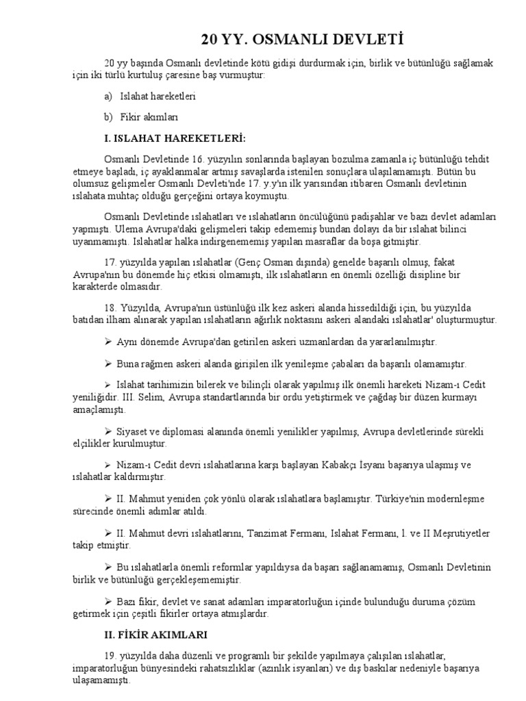 20 Yy Osmanli Devleti I Islahat Hareketleri