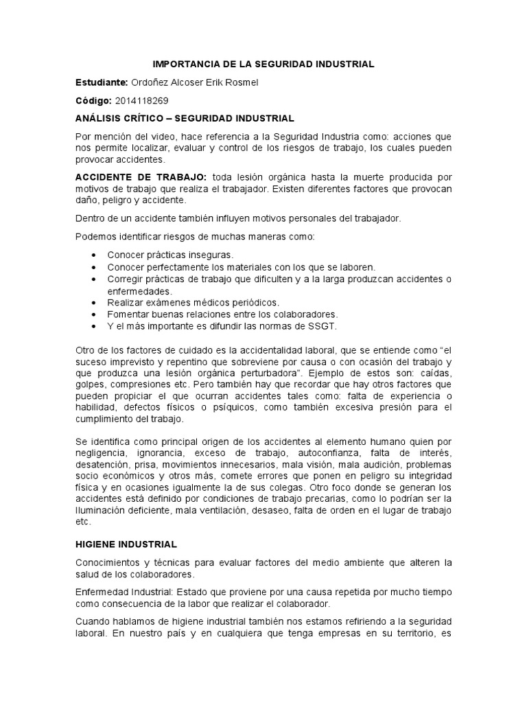 Importancia de la Seguridad Industrial | PDF | Seguridad y salud ...