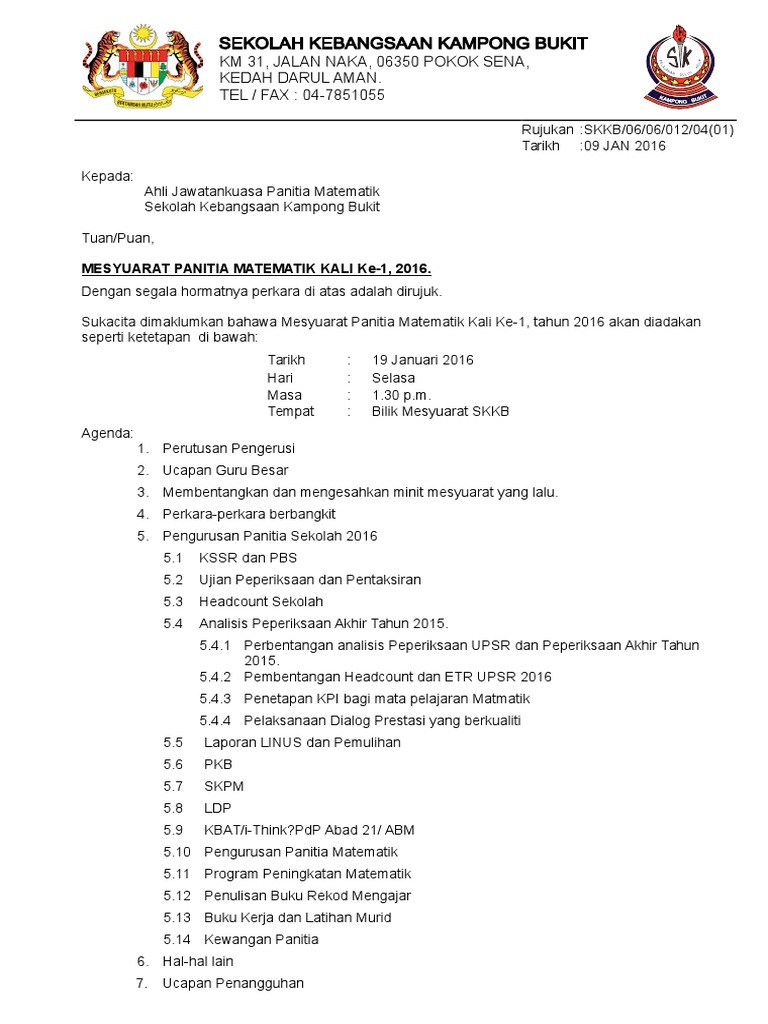 Contoh Surat Panggilan Mesyuarat Panitia Matematik