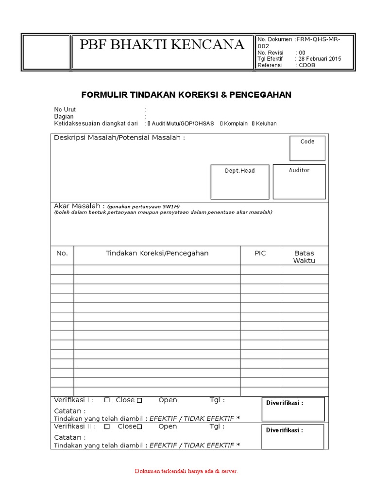 Form Tindakan Koreksi Dan Pencegahan Stfb