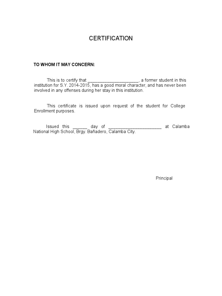 Good Moral Certificate Form