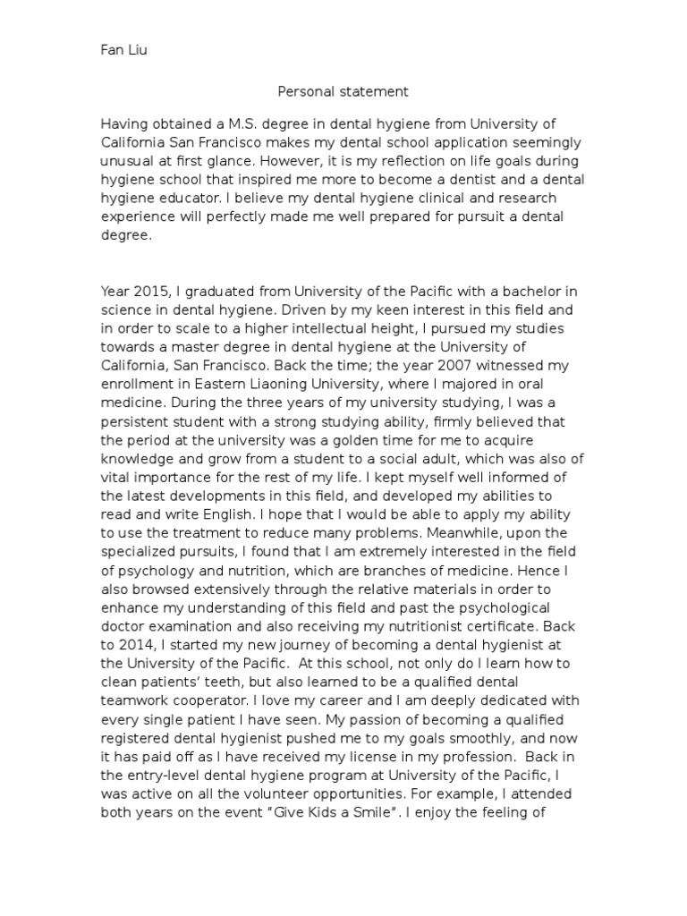Personal StatementFan Liu Dental Hygienist Dentistry