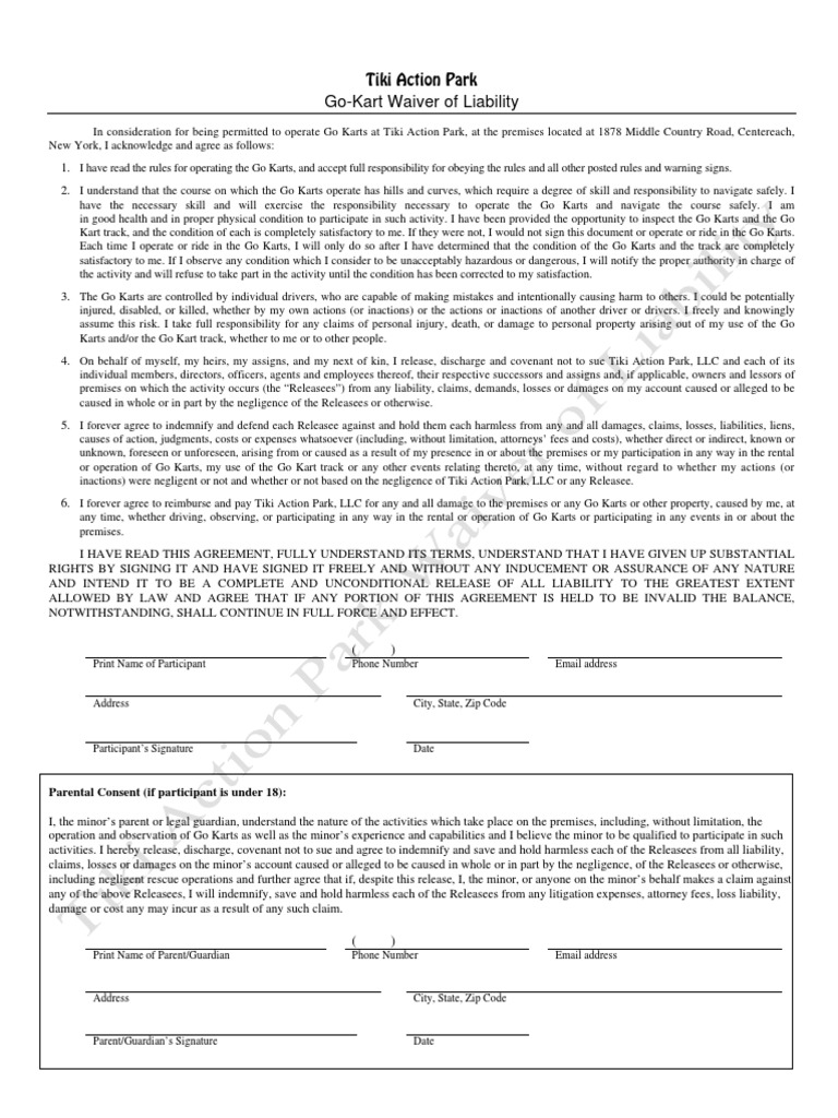 Tiki Action Park Go-Kart Liability Waiver | PDF | Indemnity | Negligence
