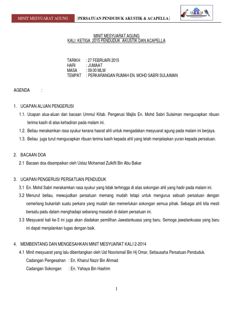 Contoh Minit Mesyuarat Agong  PDF