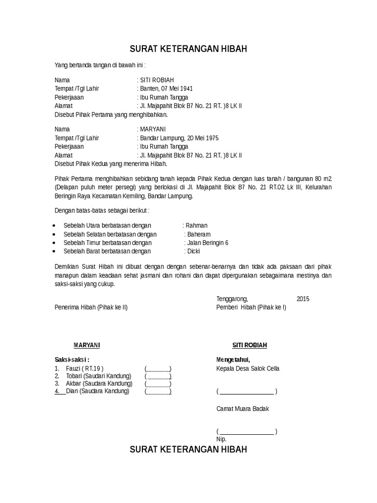 Gambar Surat Keterangan Hibah