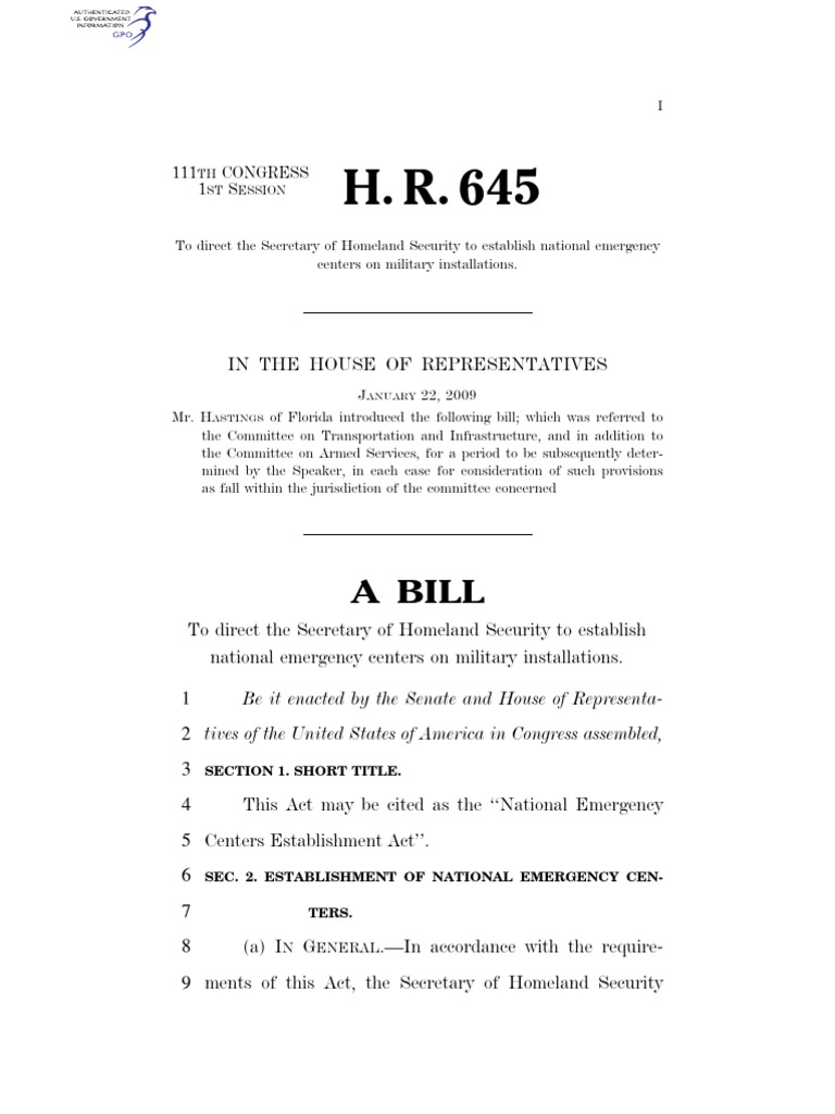 H.R. 645 Nat Emerg Centers | PDF | United States Department Of Homeland ...