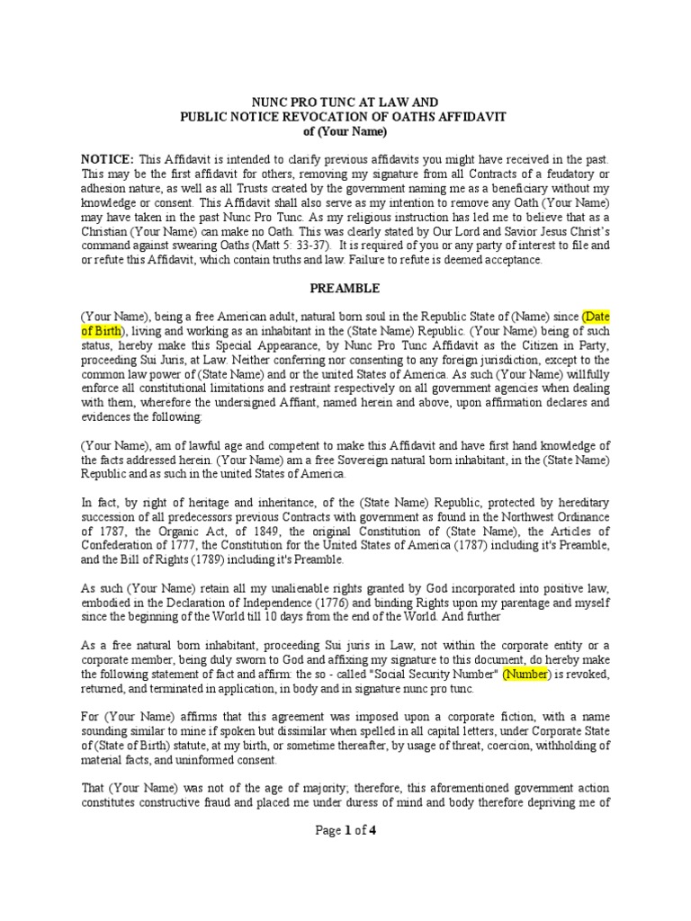 Nunc pro tunc affidavit natural and legal rights