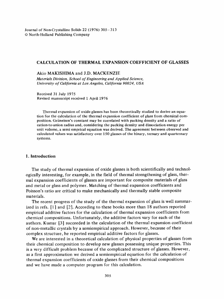 Calculation of Thermal Expansion Coefficient of Glasses 1976 Journal of ...