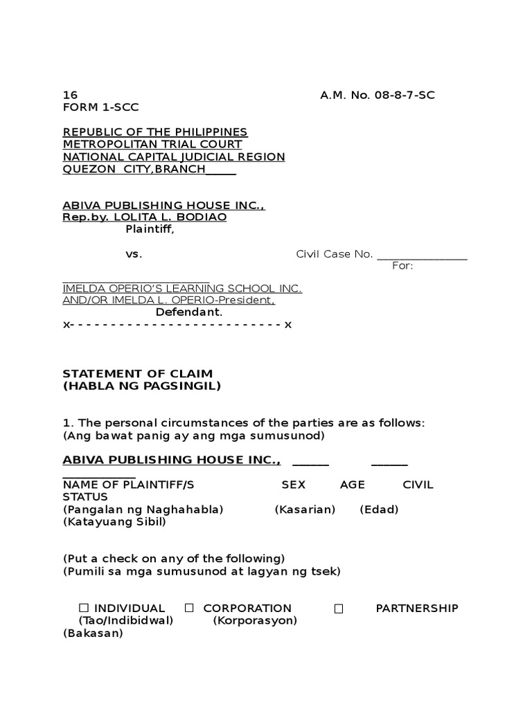 New Small Claim Form PDF Lawsuit Complaint