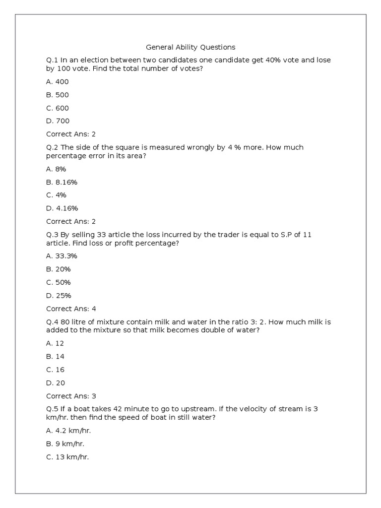 General Ability Test Questions and Answers | PDF | Speed | Teaching ...