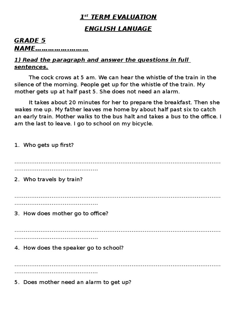 Grade 5 English Language Term Evaluation | PDF | Language Arts & Discipline