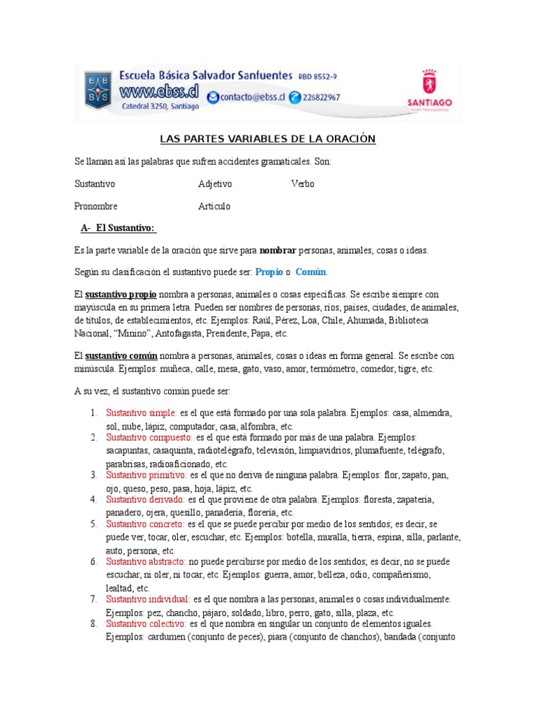 Las Partes Variables de La Oración | Adjetivo | Sustantivo