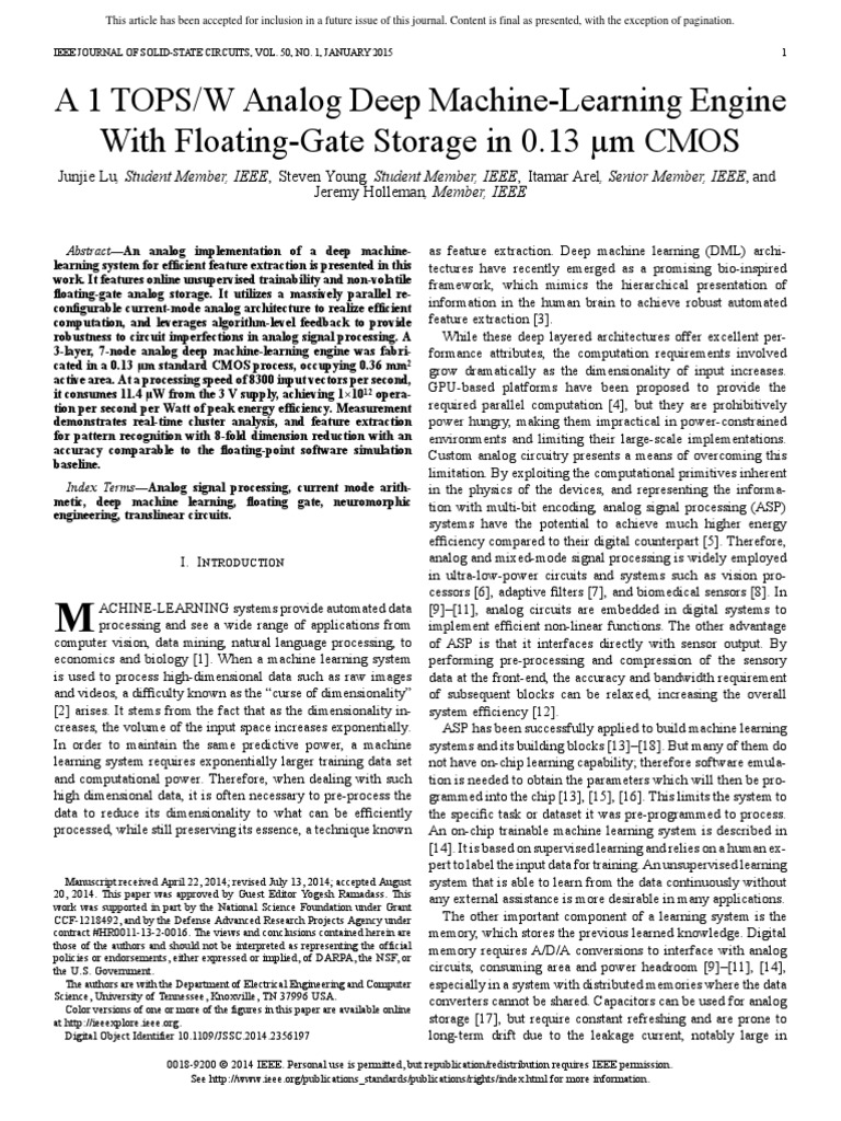 A 1 TOPS W Analog Deep MachineLearning Engine With FloatingGate