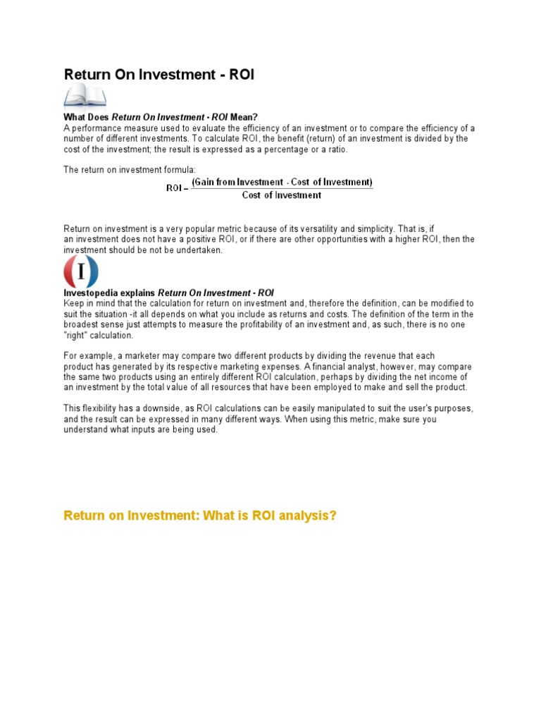 What Does Return On Investment ROI Mean? PDF Return On Investment
