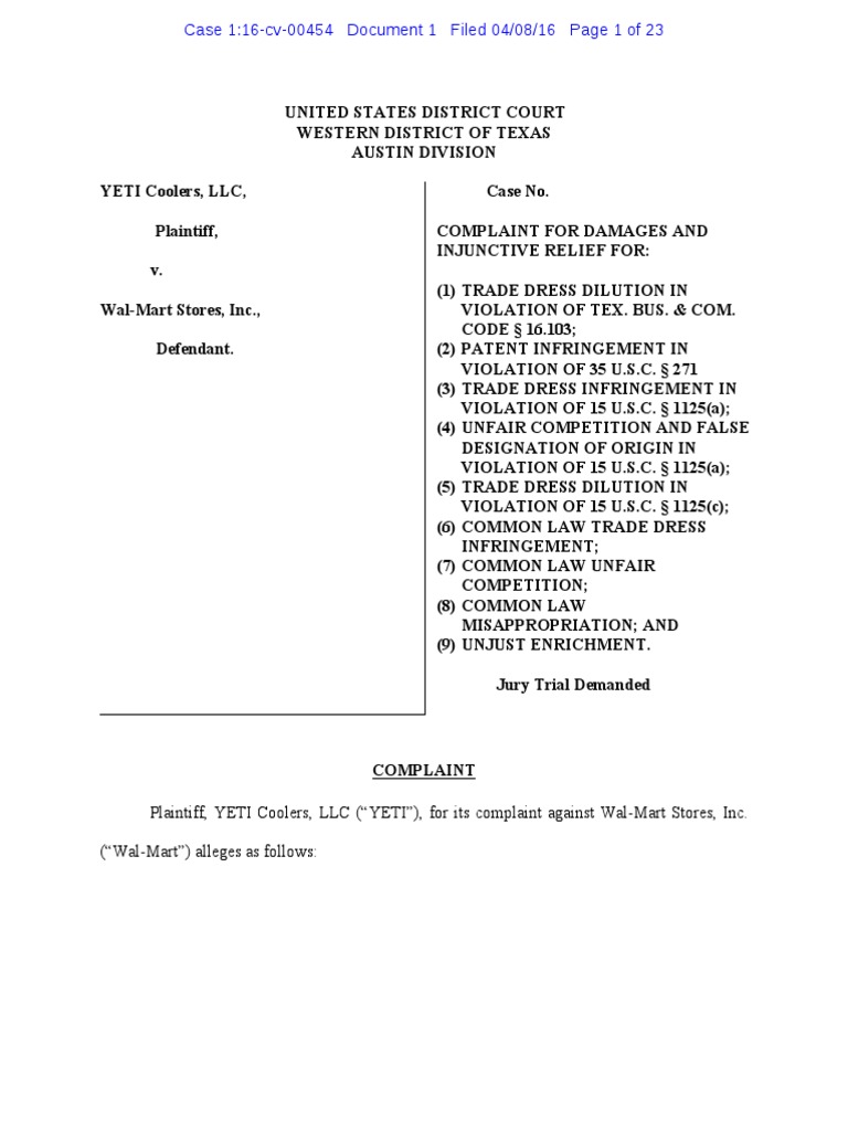 Yeti Coolers v. Walmart - Complaint | PDF | Trade Dress | Lanham Act