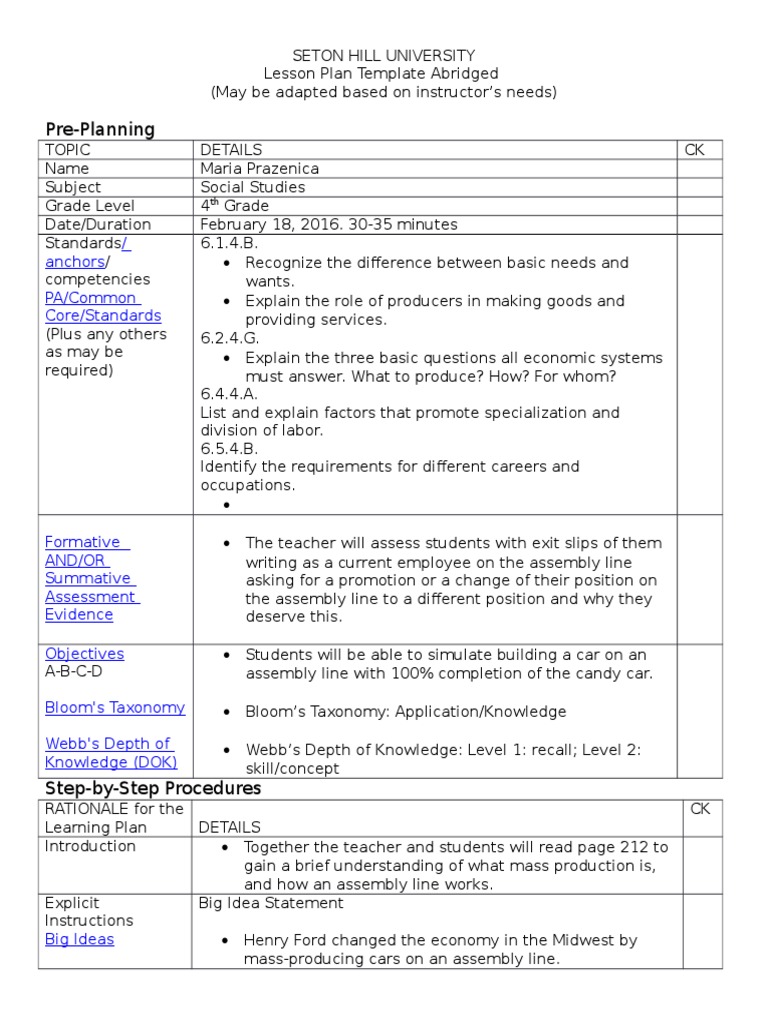 Assembly Line Lesson for 4th Graders | PDF | Lesson Plan | Teaching