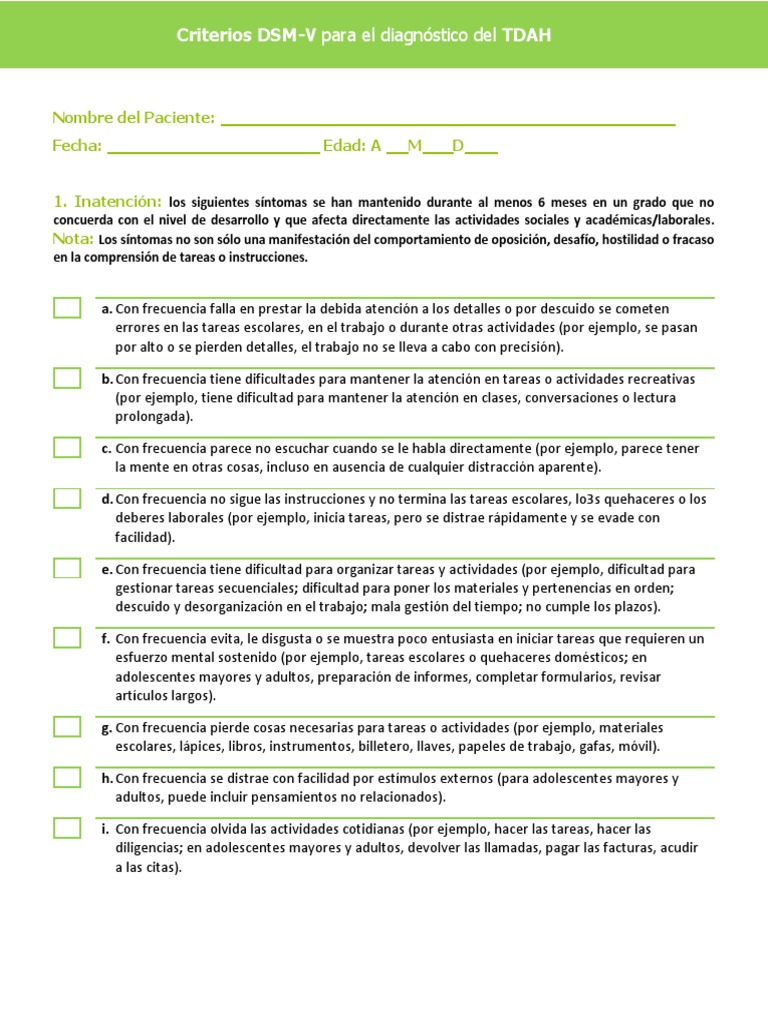 Criterios DSM V para Diagnostico Del Tdah Versión Alumnos PDF Desorden hiperactivo y deficit