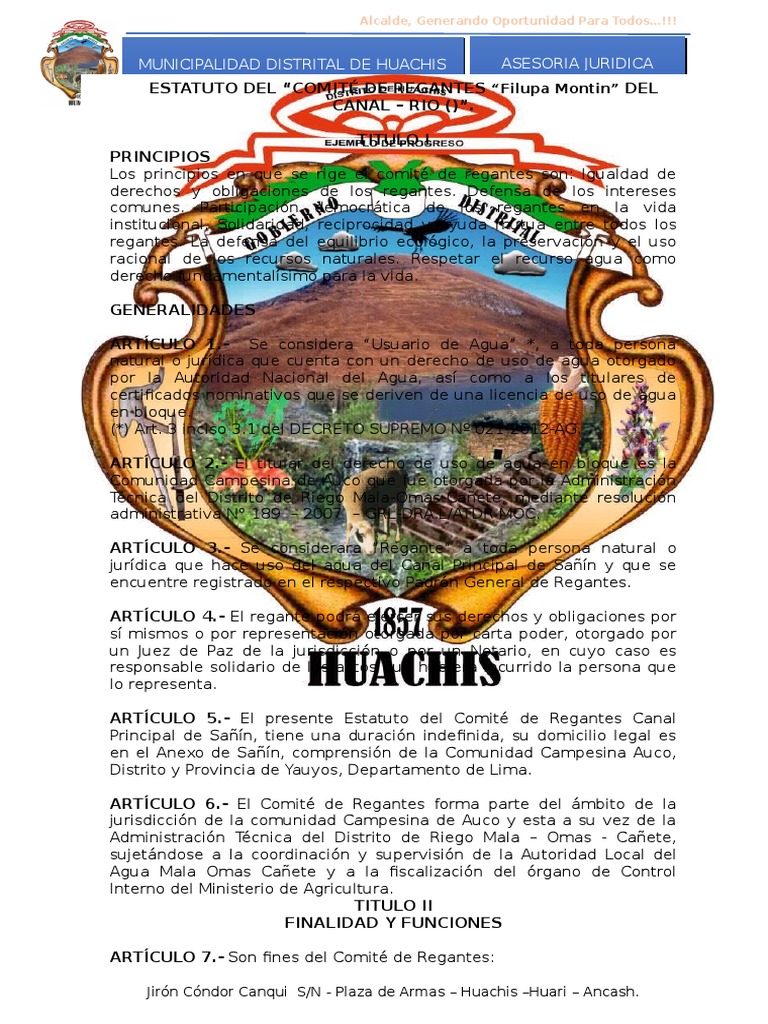 Estatuto del Comité de Regantes Filupa Montin | PDF | Riego | Alcalde