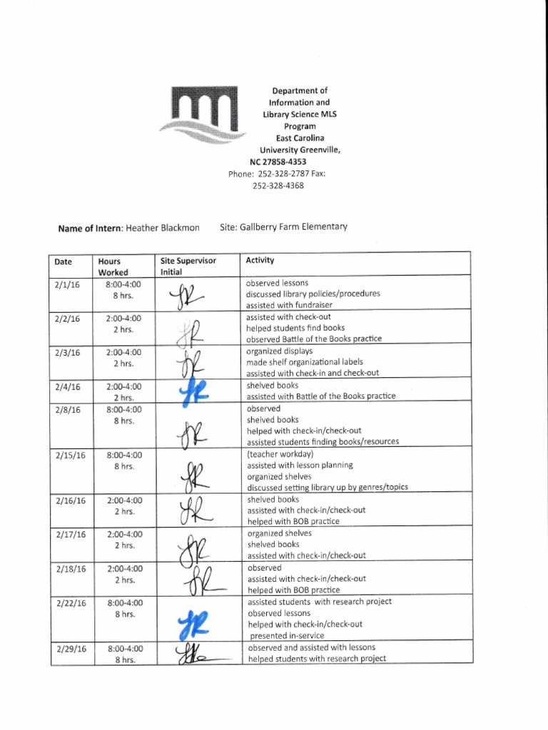 Internship Hours Log for Library Science | PDF | Social Science ...