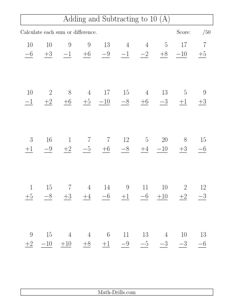 Adding and Subtracting to 10 Worksheet | PDF | Teaching Methods & Materials