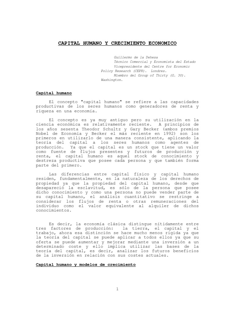 Guillermo de La Dehesa Capital Humano y Crecimiento Económico PDF Capital humano