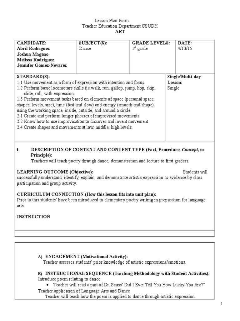 Dance Lesson 1111 Teachers Lesson Plan