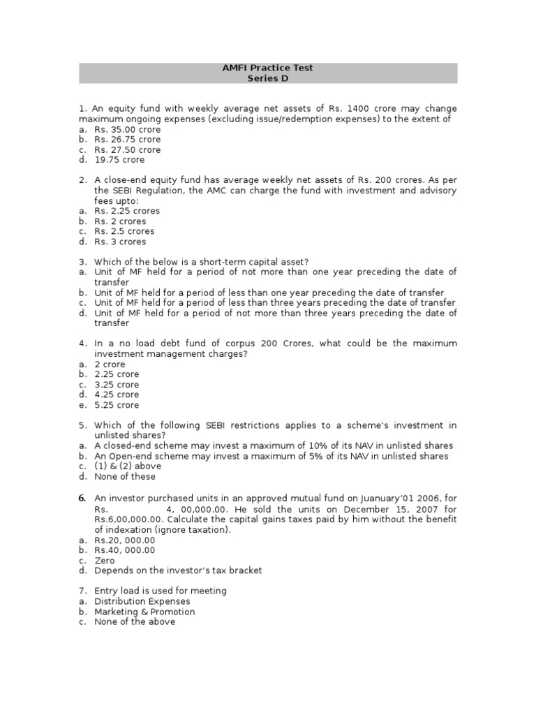 AMFI Practice Test Questions and Answers | PDF | Mutual Funds | Investing
