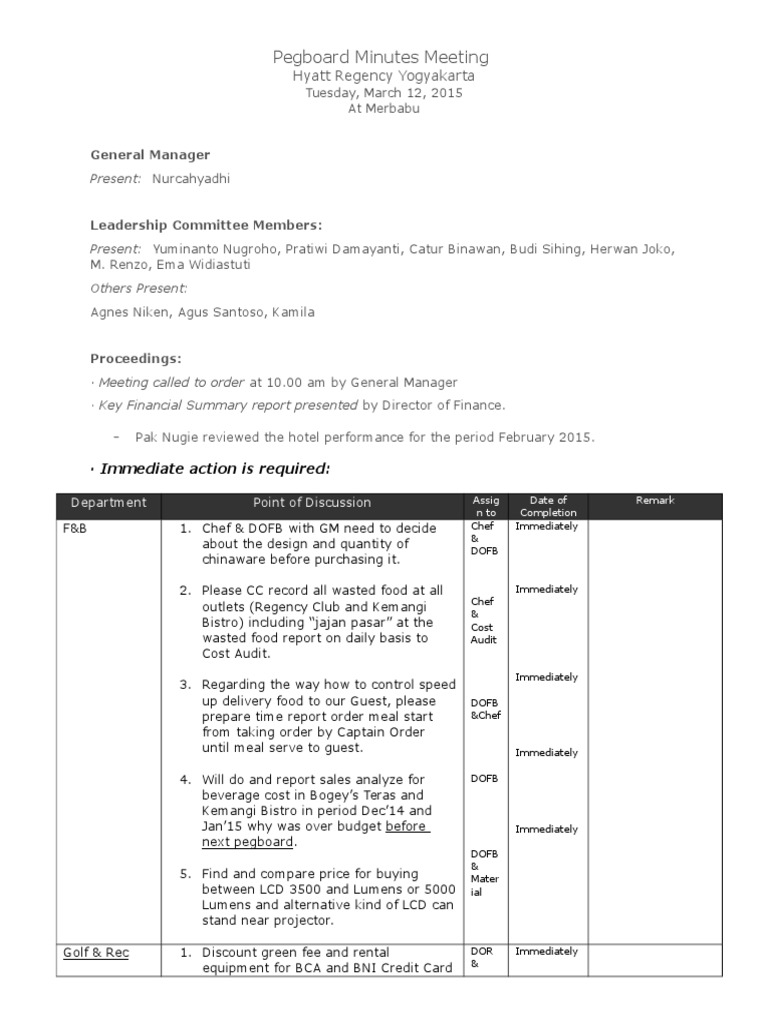 Pegboard Minutes Meeting March PDF Business