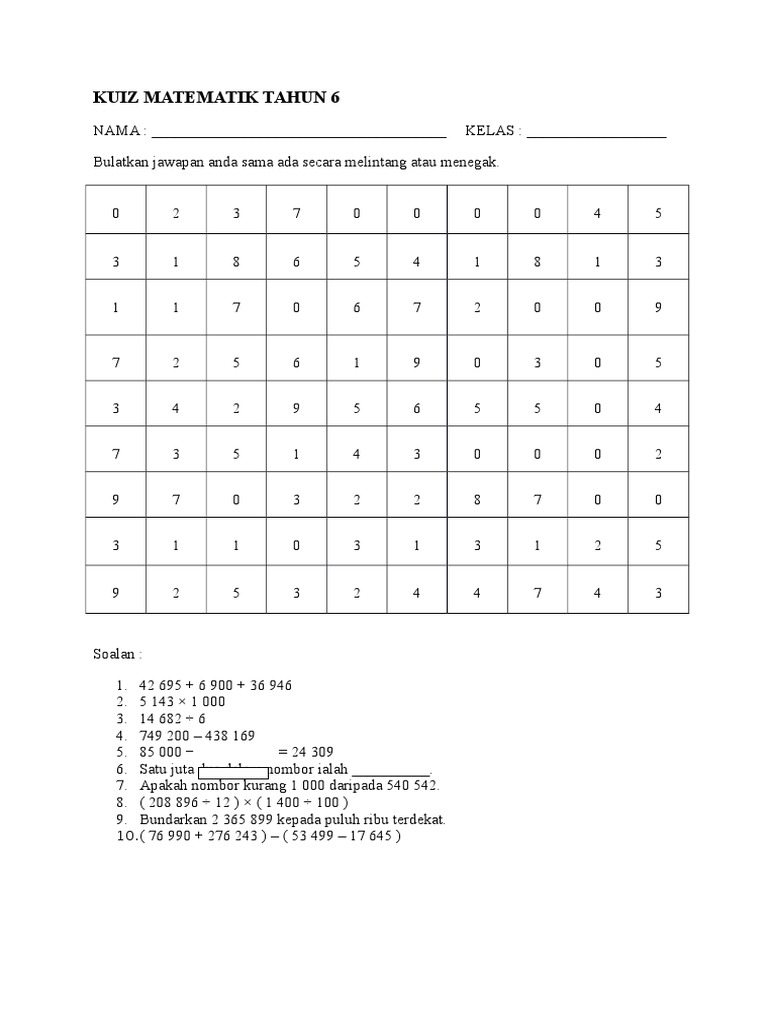 Kuiz Matematik Tahun 6 PDF
