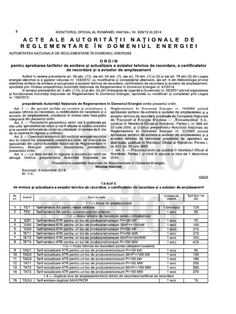 Tarife Emitere ATR, Certificate de Racordare, Avize de Amplasament | PDF