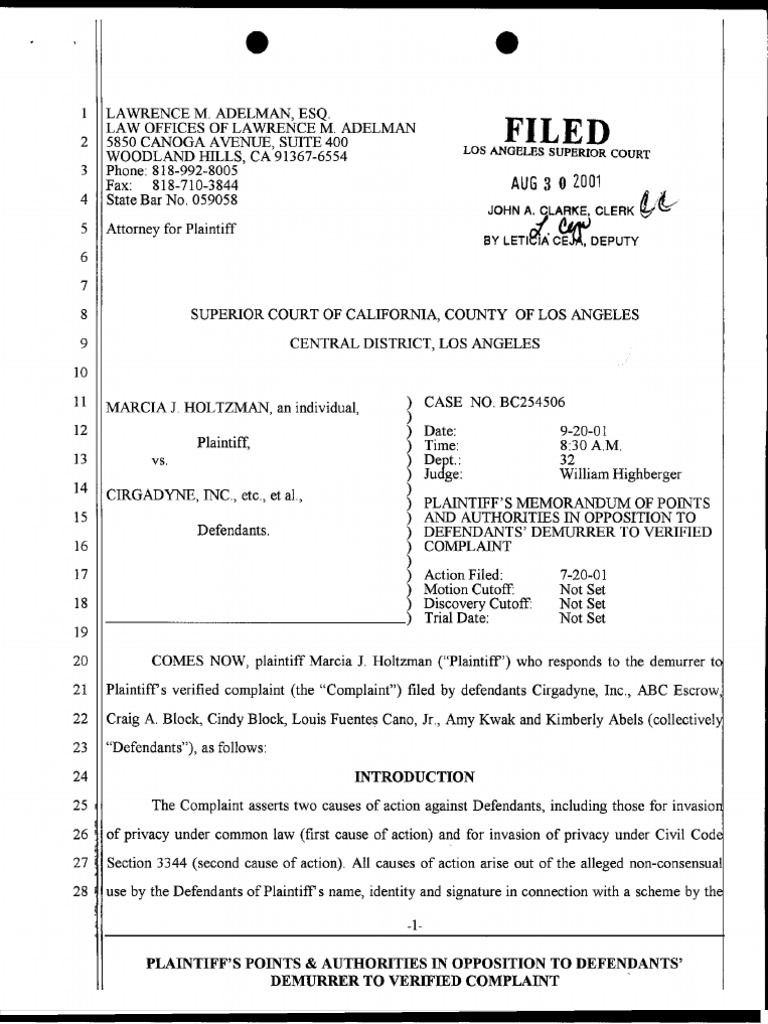 Holtzman v. Cirgadyne Plaintiff's Memorandum of Points and