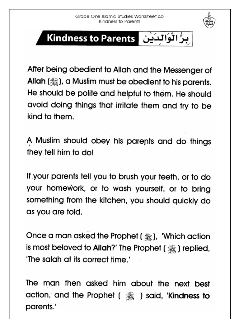 grade one islamic studies worksheet 65 kindness to parents