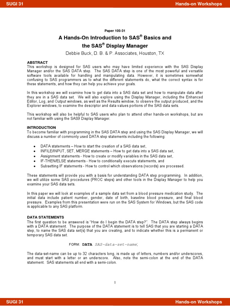 A Hands-On Introduction To SAS Basics and The SAS Display Manager | PDF ...