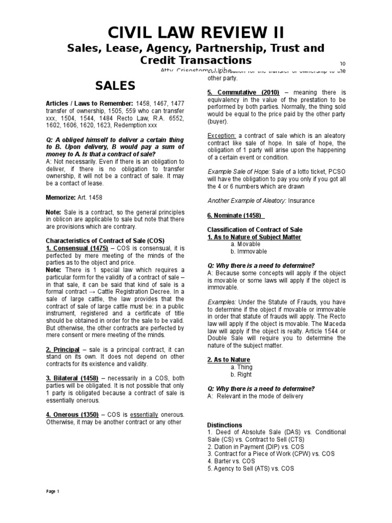 Understanding Contracts of Sale in Law | PDF | Offer And Acceptance ...