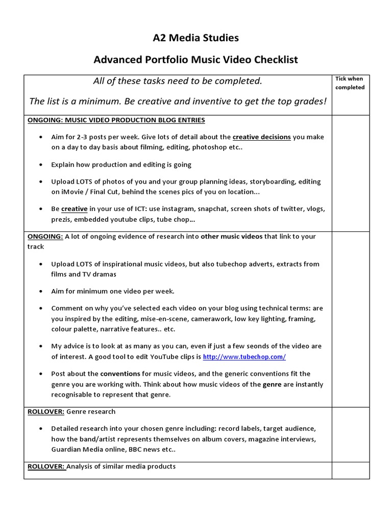 A2 Media Studies Blog Checklist PDF Mass Media Educational Technology