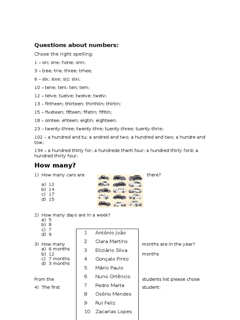 Number Questions and Spelling Quiz | PDF