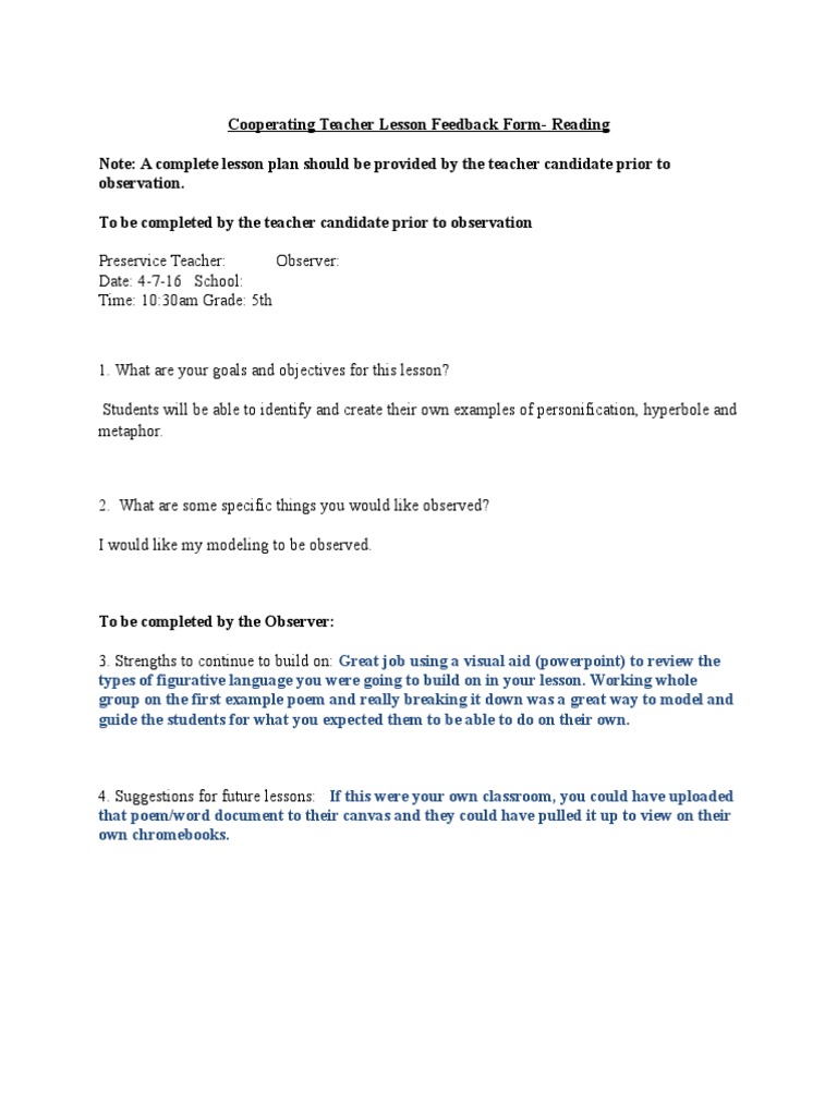 Teacher Feedback Form for Reading Lesson | PDF