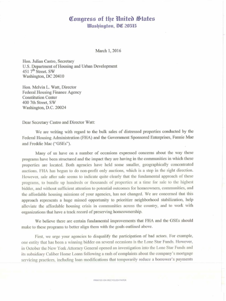 Mar 1, 2016 Congressional Letter To HUD and FHFA | PDF