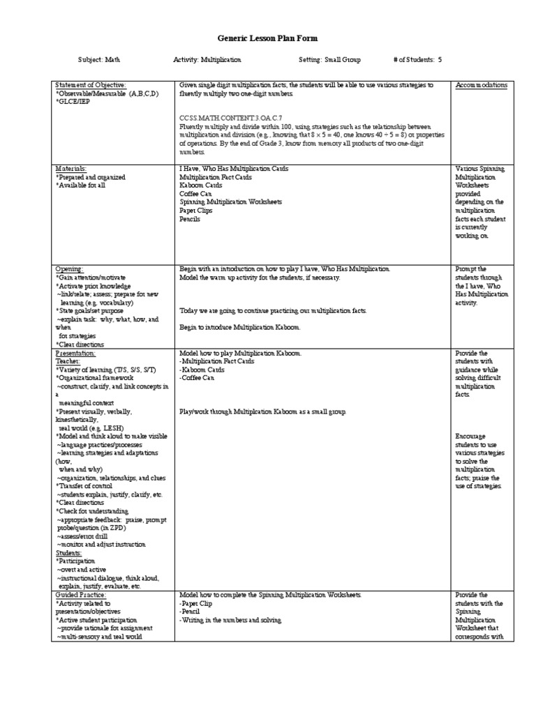 Elliott 4thgrademath Lessonplan | PDF | Multiplication | Lesson Plan